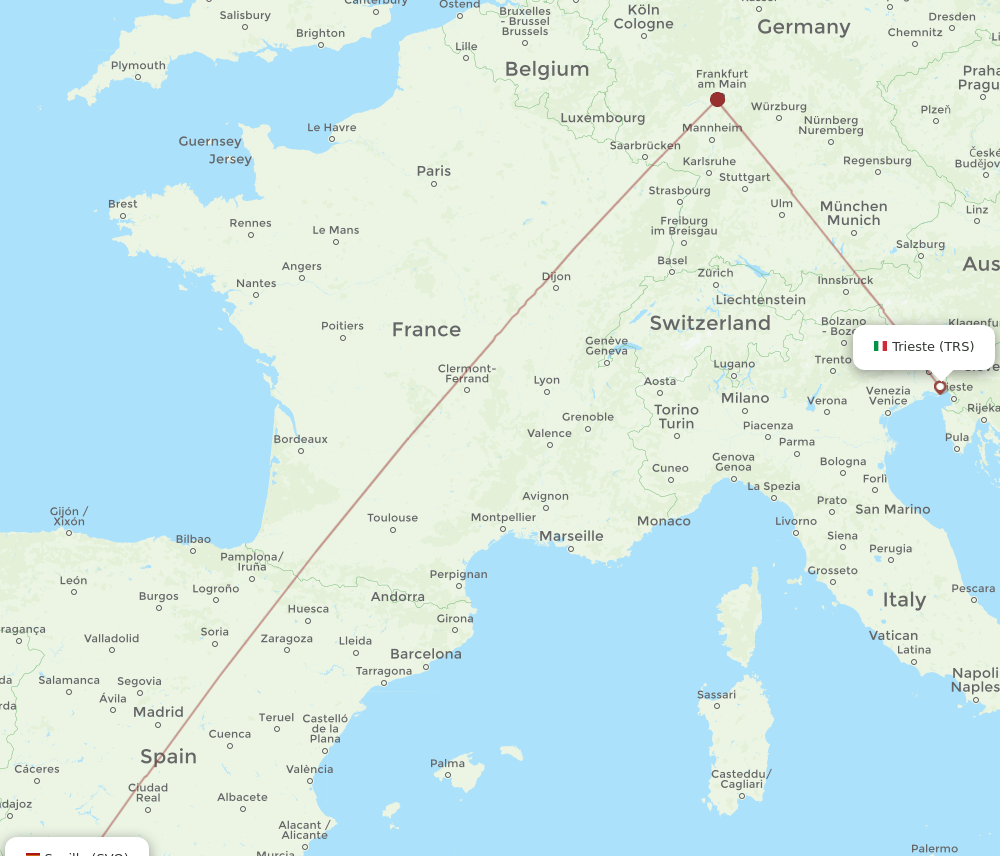 Sevilla - Trieste route map and flight paths