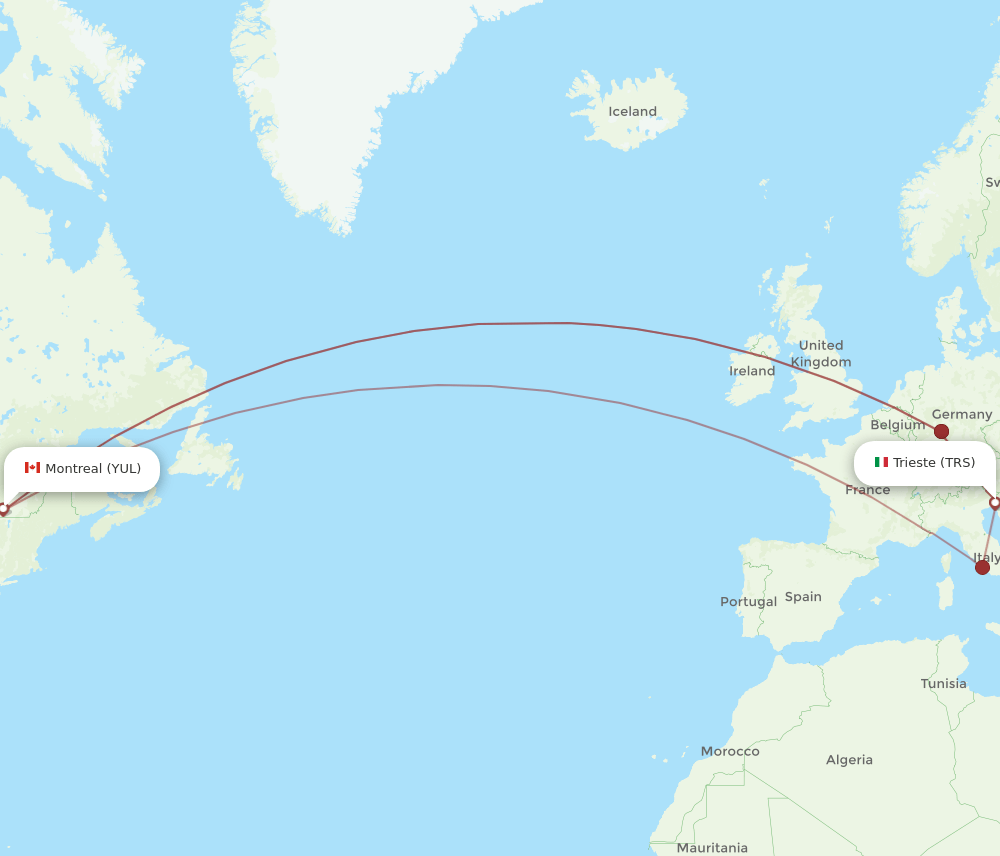 Montreal - Trieste route map and flight paths