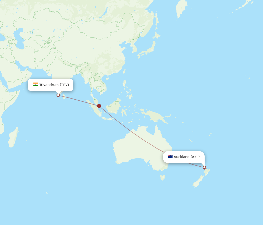 Auckland - Thiruvananthapuram route map and flight paths