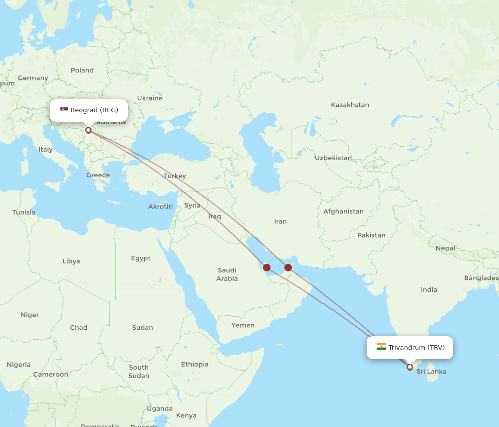 TRV-BEG flight routes
