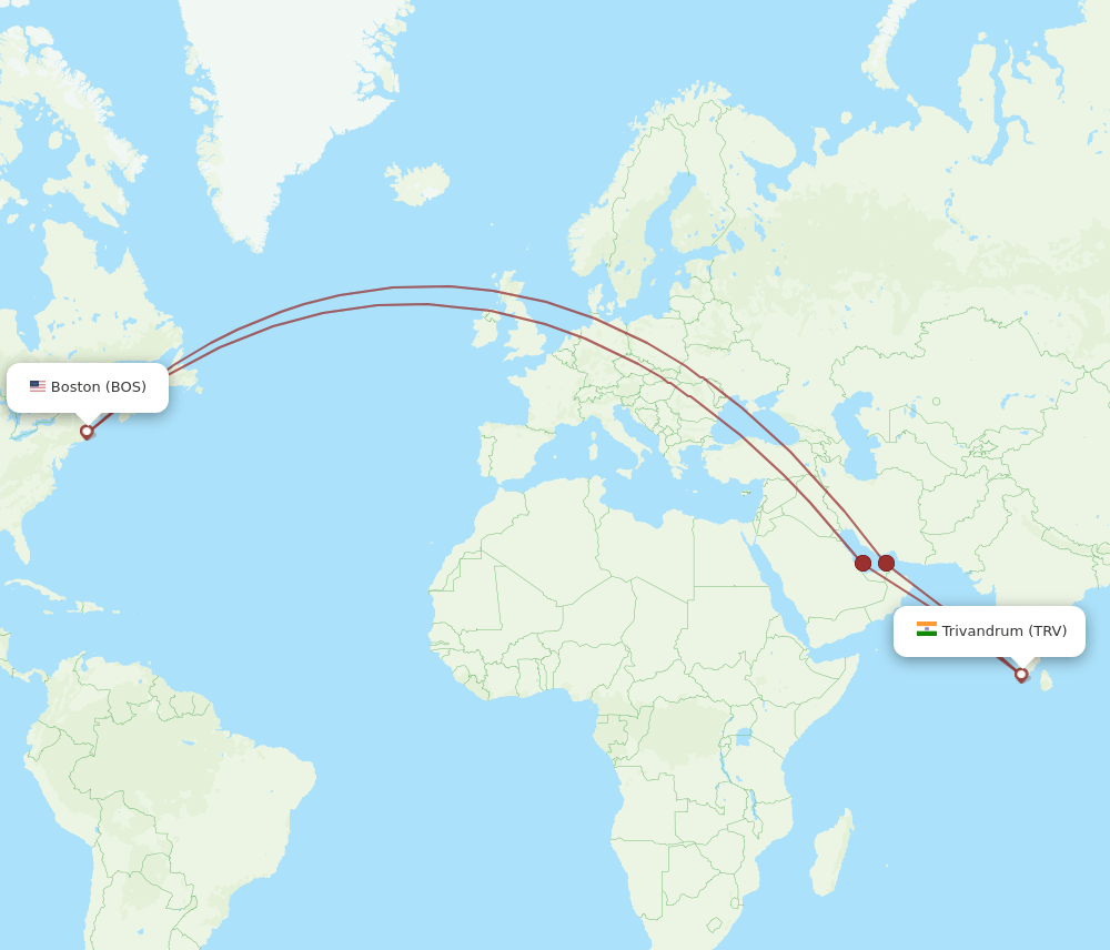 TRV-BOS flight routes