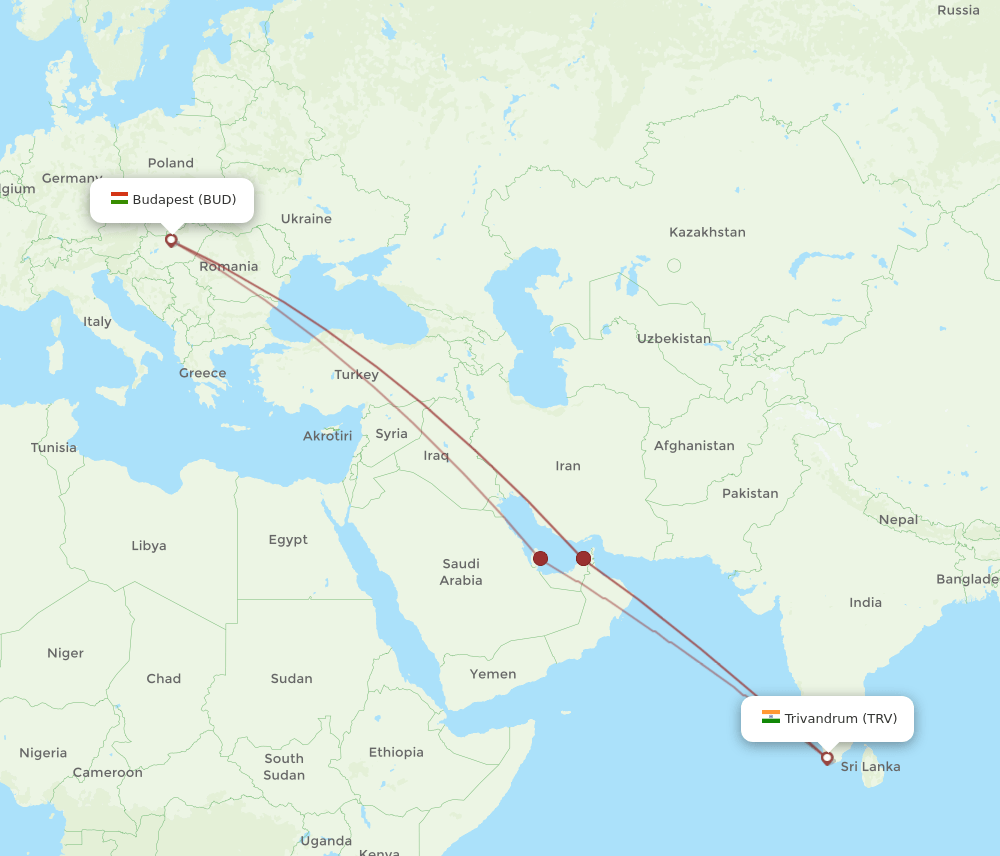 TRV-BUD flight routes