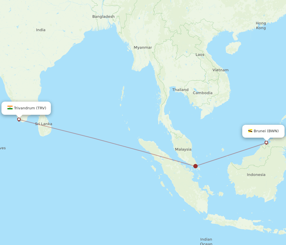 TRV to BWN flights and routes map