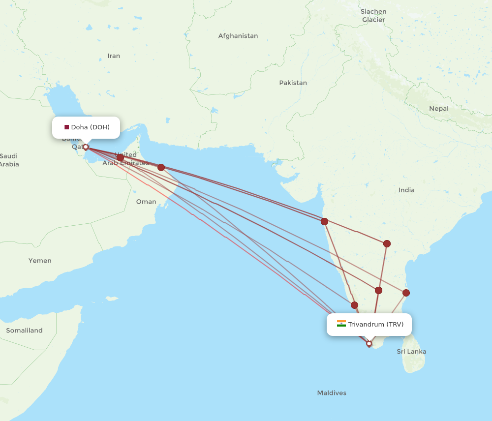 TRV to DOH flights and routes map