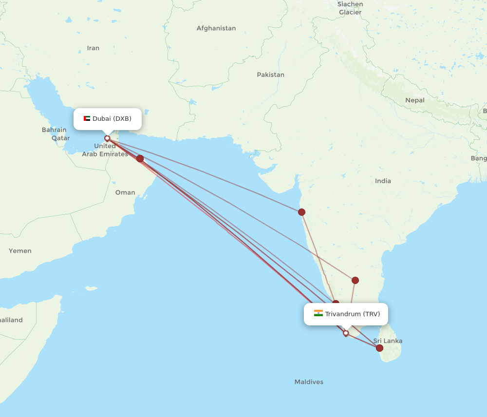 TRV to DXB flights and routes map