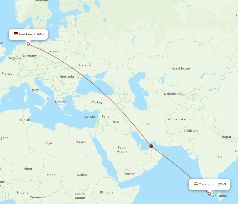 Hamburg - Thiruvananthapuram route map and flight paths