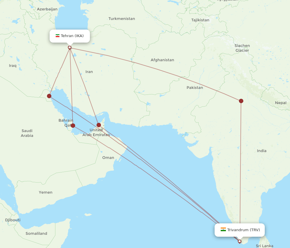 TRV to IKA flights and routes map