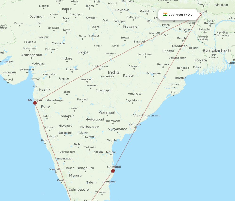 TRV to IXB flights and routes map