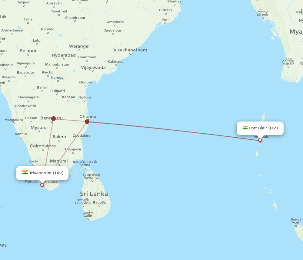TRV to IXZ flights and routes map