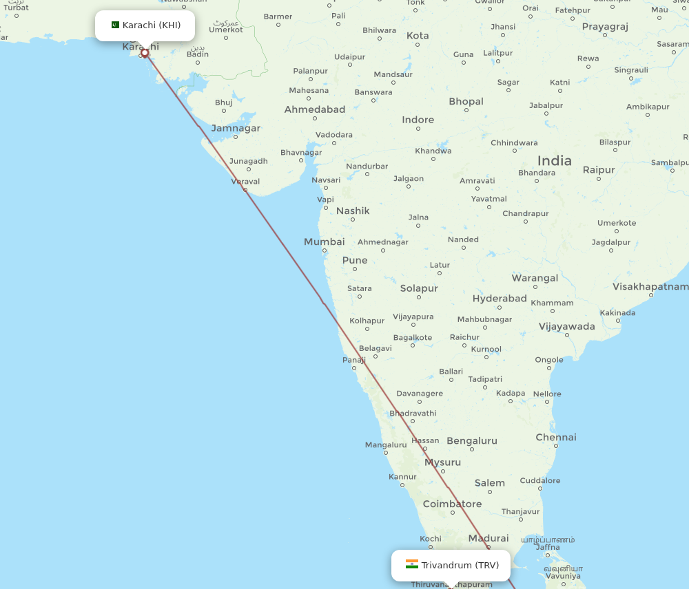 TRV to KHI flights and routes map