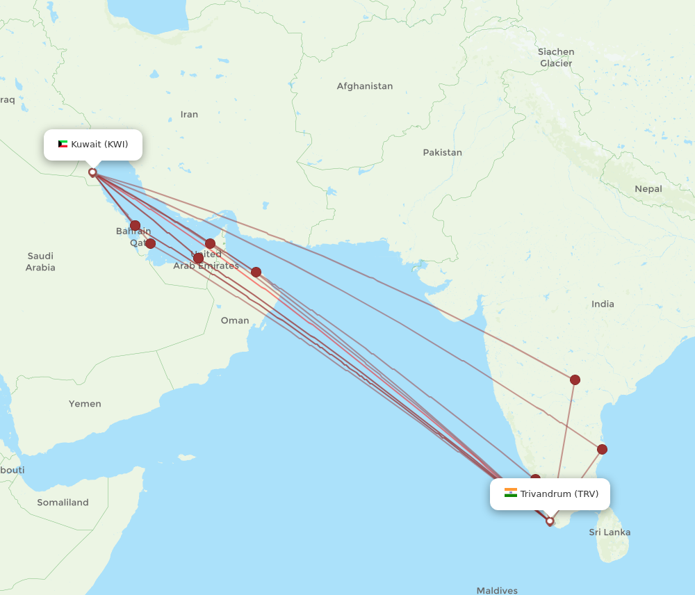 TRV to KWI flights and routes map