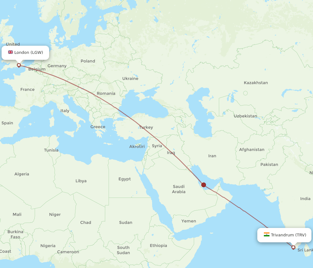 TRV-LGW flight routes