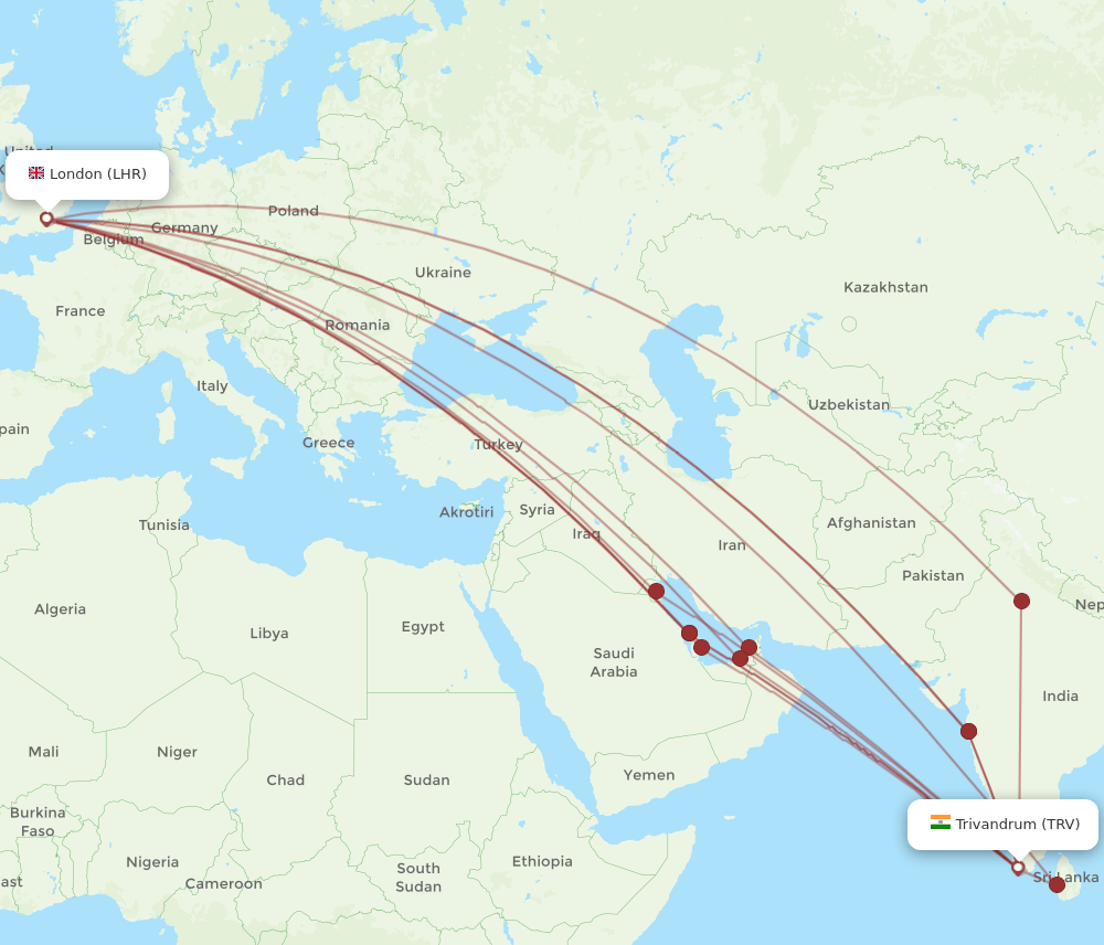 TRV-LHR flight routes