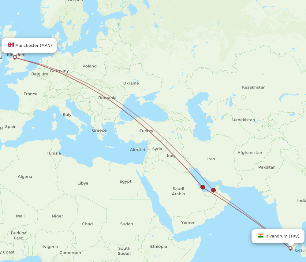 TRV to MAN flights and routes map