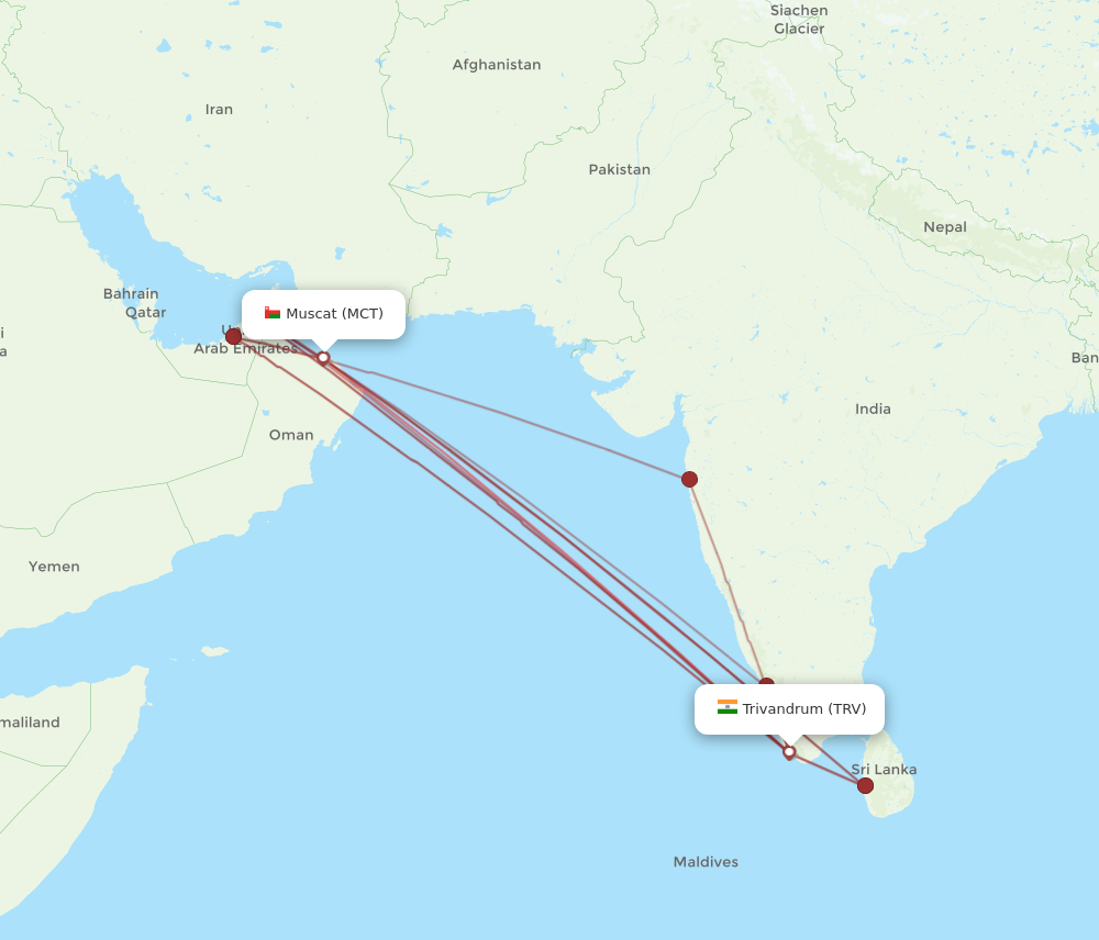 TRV to MCT flights and routes map