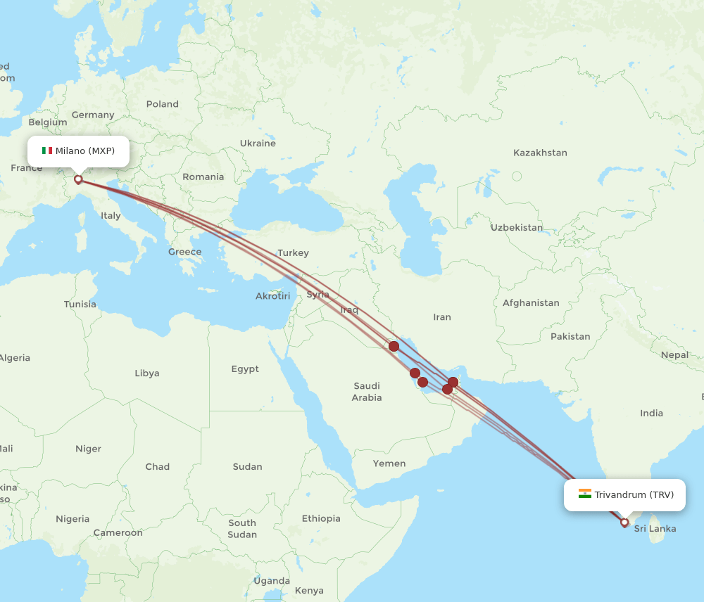 TRV to MXP flights and routes map