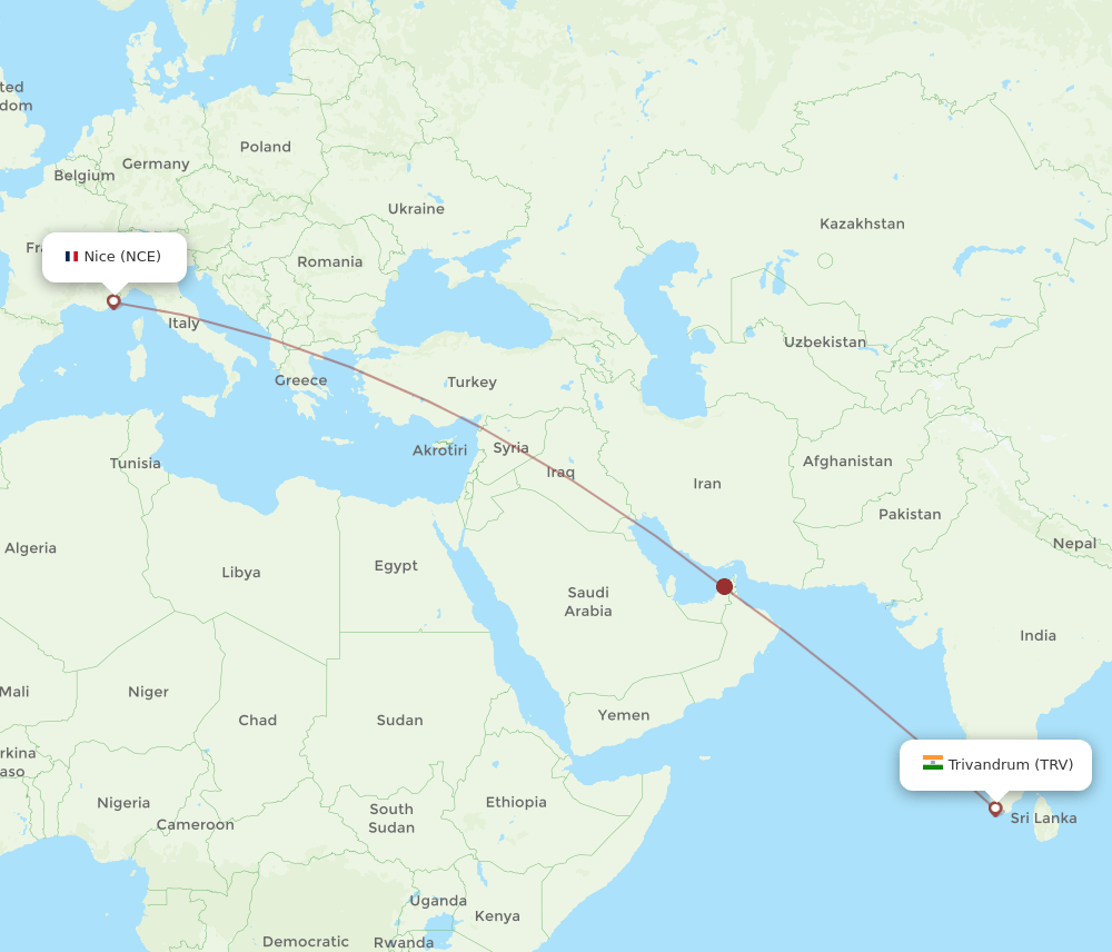 Nice - Thiruvananthapuram route map and flight paths