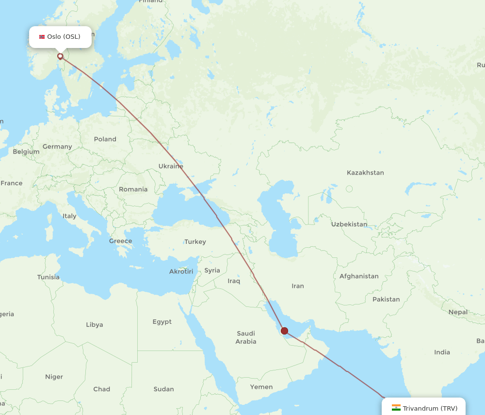 Oslo - Thiruvananthapuram route map and flight paths