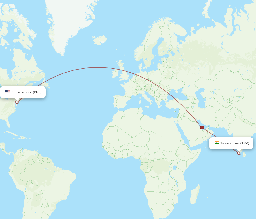 Thiruvananthapuram - Philadelphia route map and flight paths