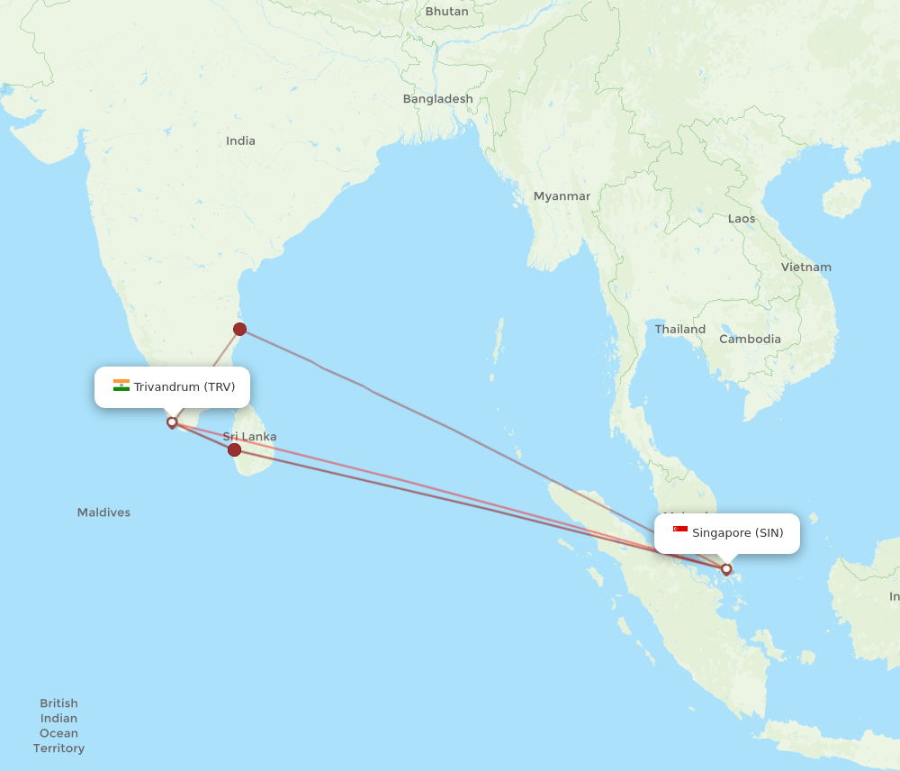 TRV to SIN flights and routes map