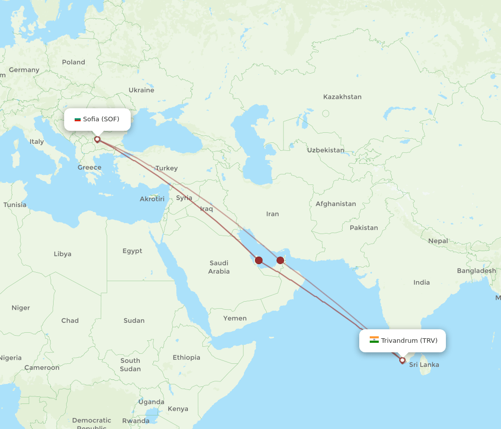 SOF to TRV flights and routes map