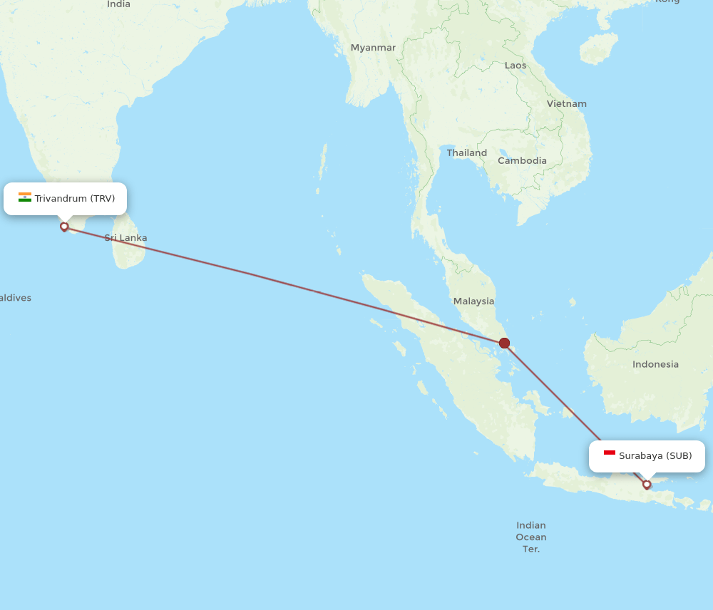 Surabaya - Thiruvananthapuram route map and flight paths