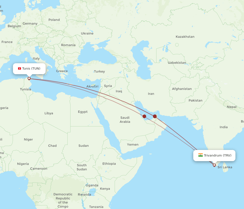 TRV-TUN flight routes