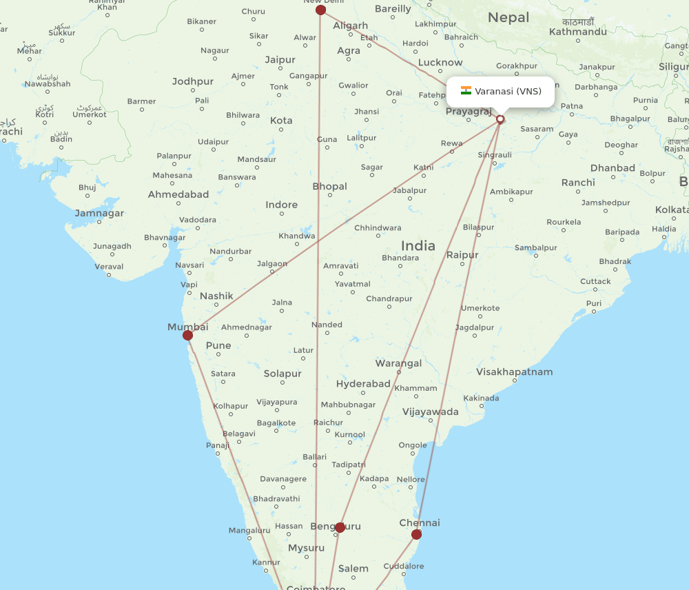 TRV to VNS flights and routes map