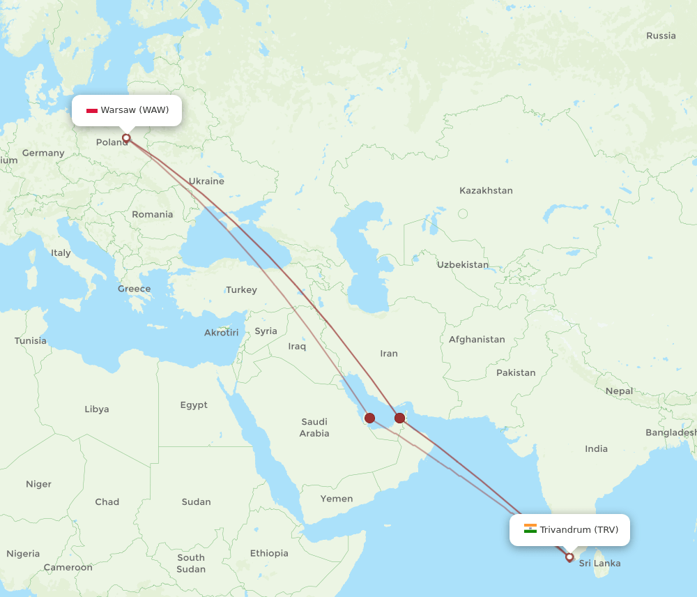 WAW to TRV flights and routes map