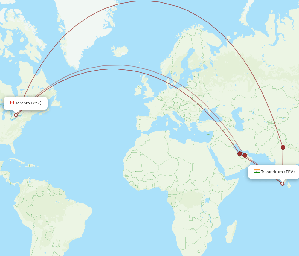 Toronto - Thiruvananthapuram route map and flight paths