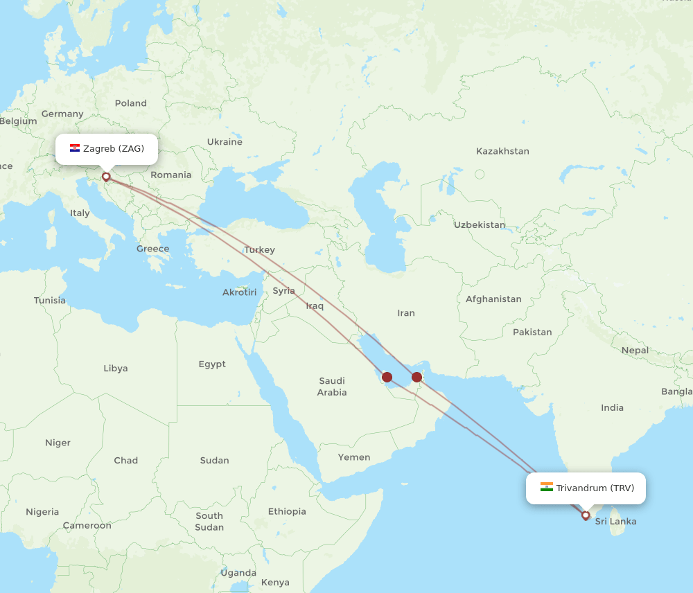 TRV-ZAG flight routes