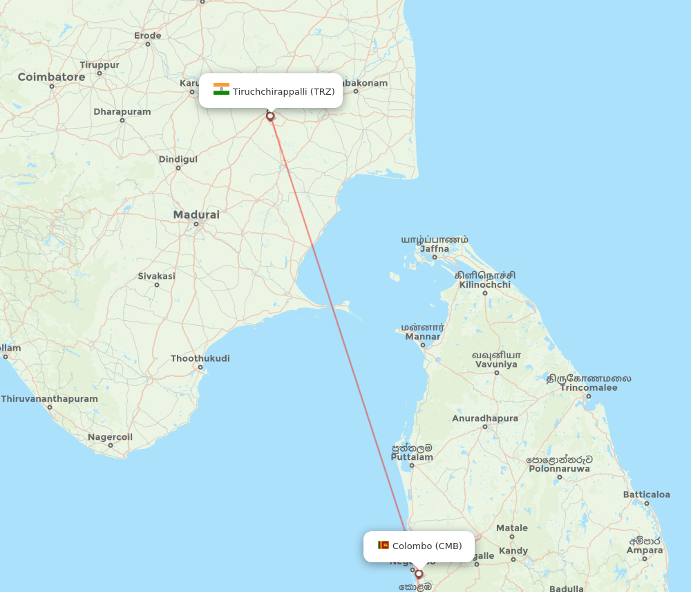 Tiruchirappalli - Colombo route map and flight paths