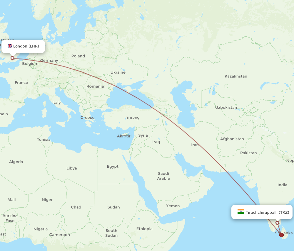 TRZ to LHR flights and routes map