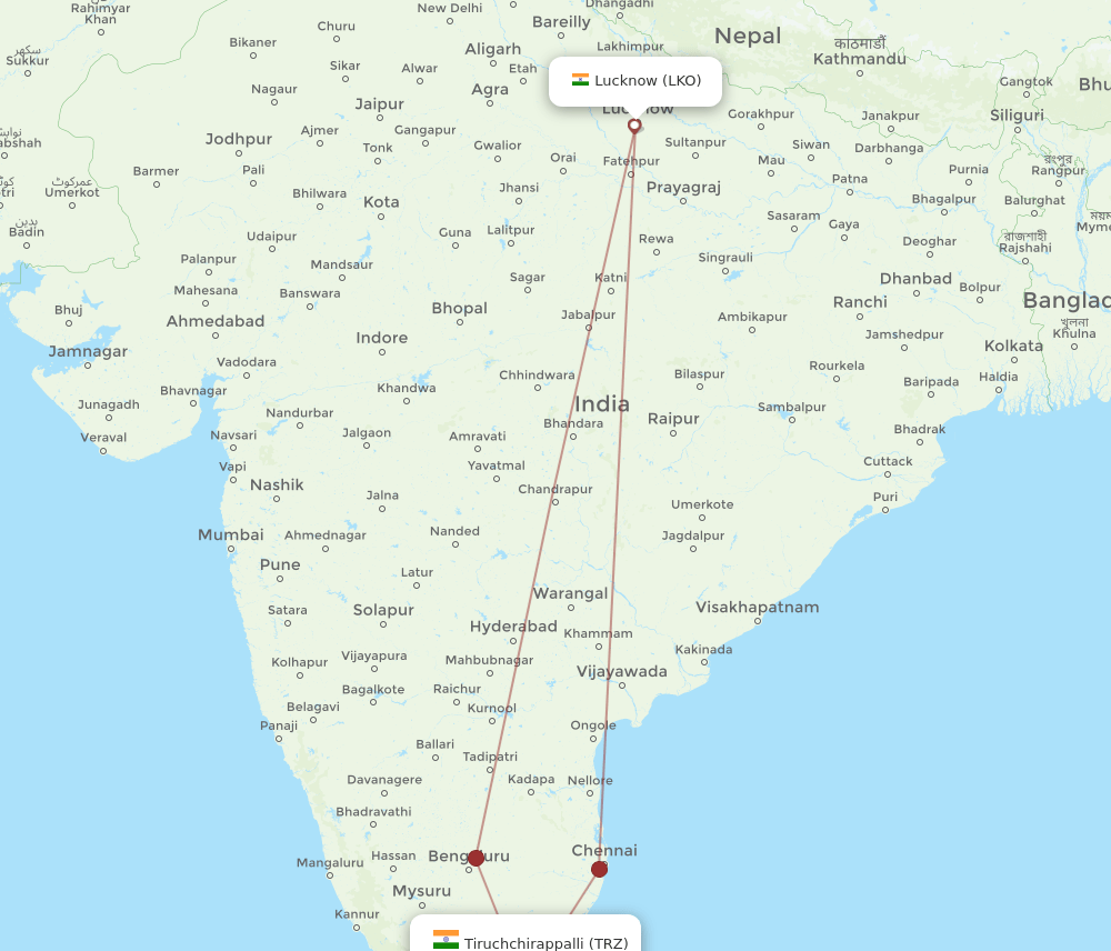 TRZ to LKO flights and routes map