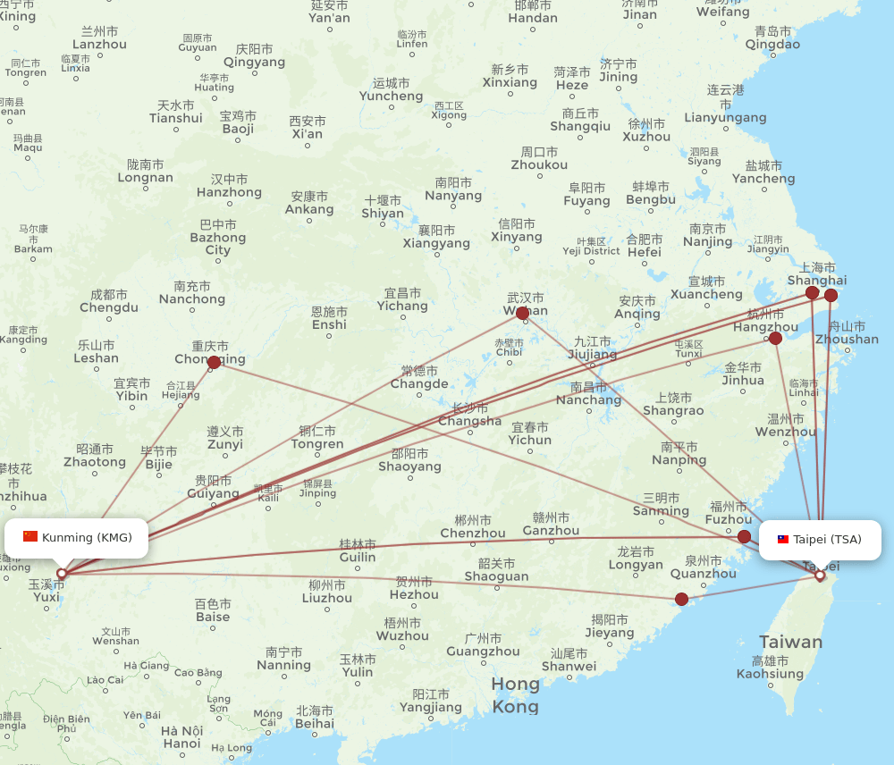TSA-KMG flight routes