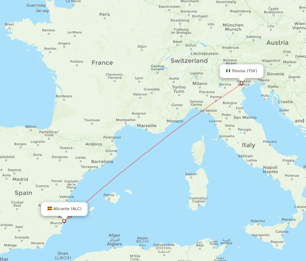 Venice - Alicante route map and flight paths