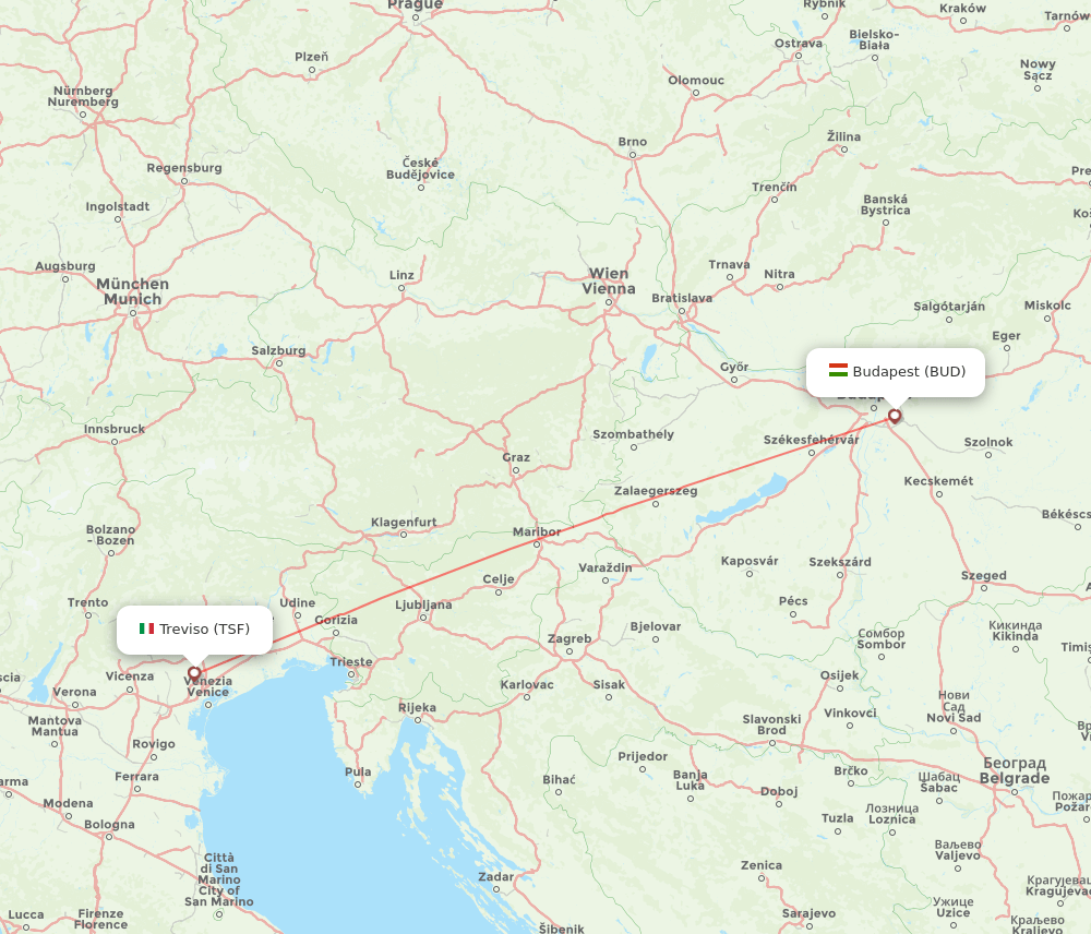 Venice - Budapest route map and flight paths