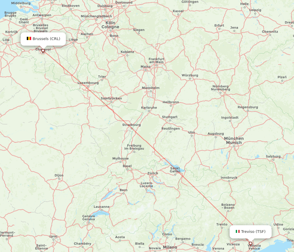 Venice - Brussels route map and flight paths