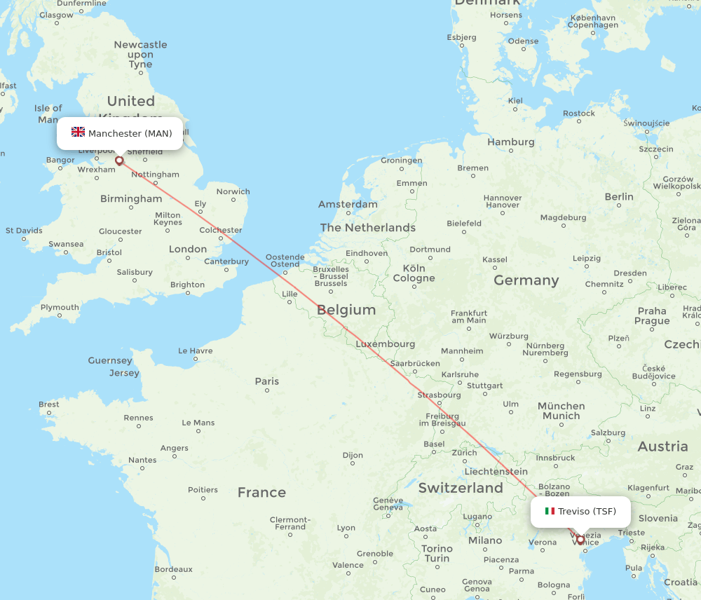 Venice - Manchester route map and flight paths