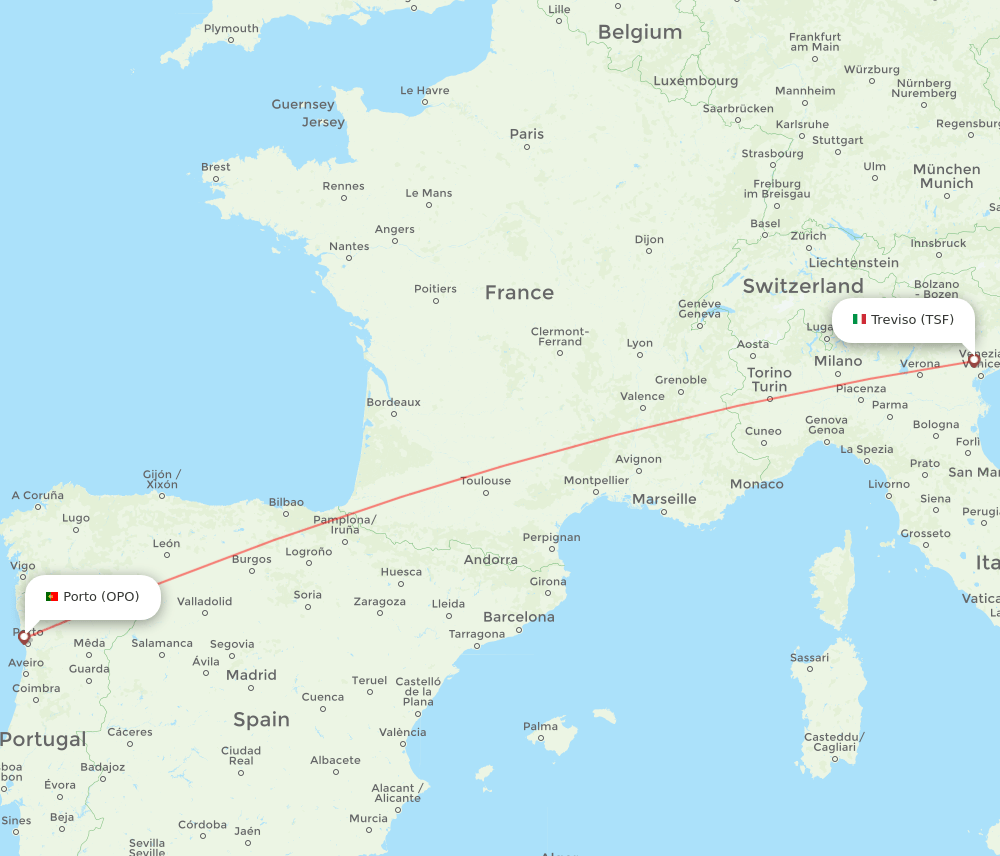 TSF to OPO flights and routes map