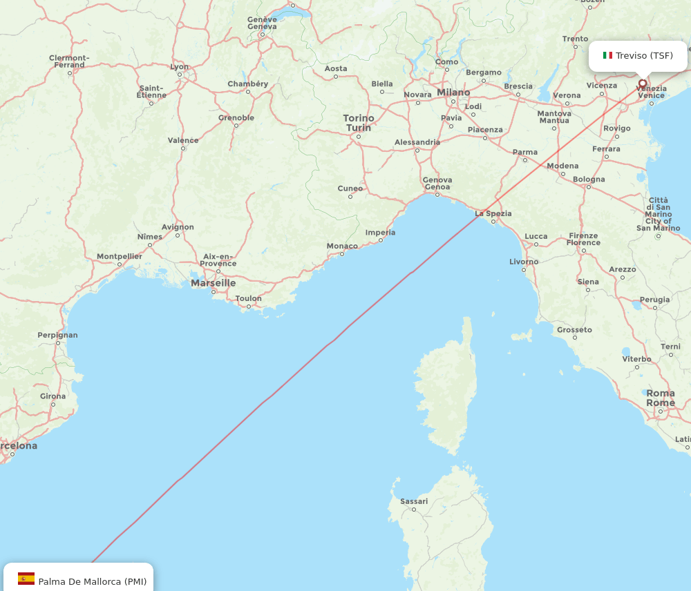 Venice - Palma de Mallorca route map and flight paths