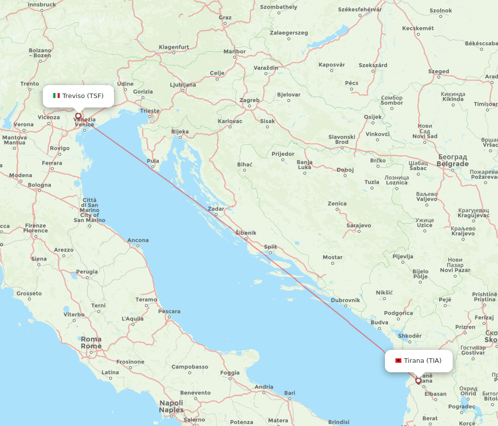 Venice - Tirana route map and flight paths