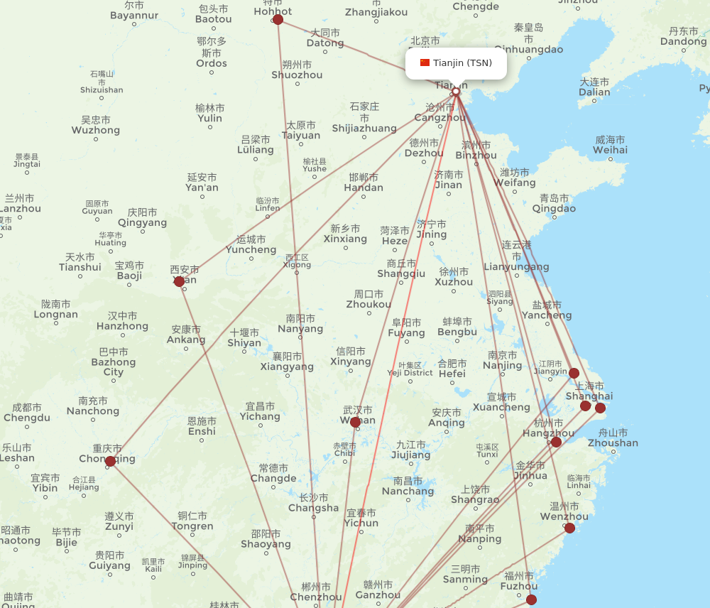 TSN to CAN flights and routes map