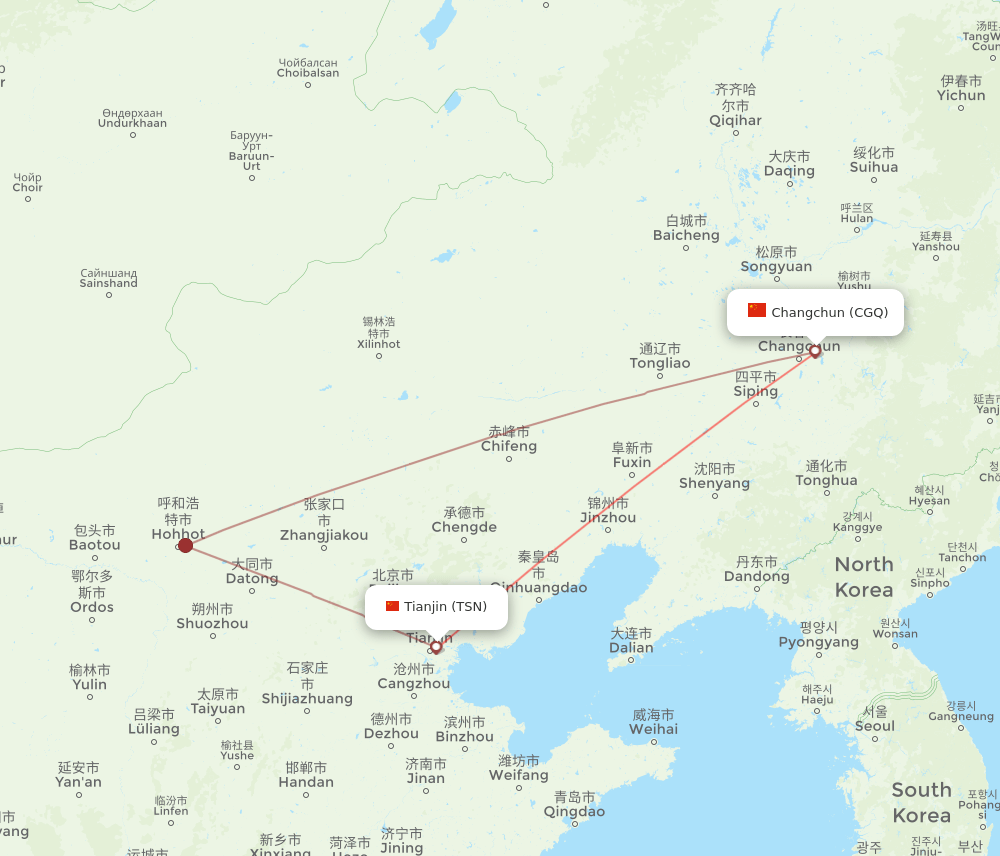 TSN-CGQ flight routes