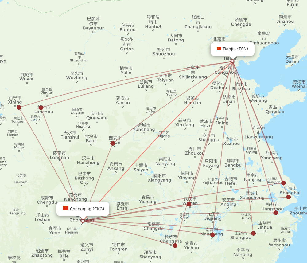 TSN to CKG flights and routes map