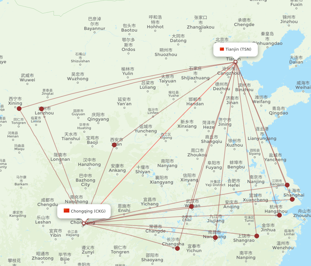 TSN-CKG flight routes
