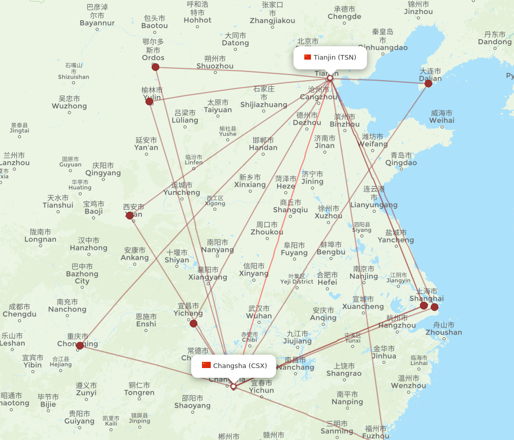 TSN to CSX flights and routes map