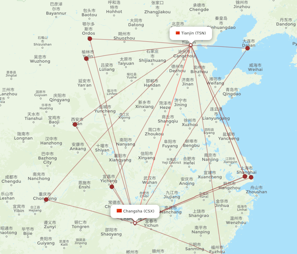 TSN to CSX flights and routes map