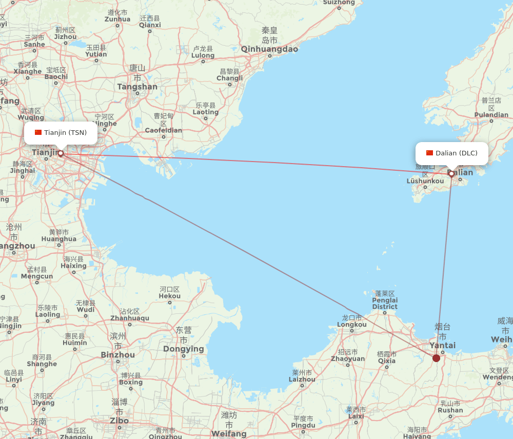 Tianjin - Dalian route map and flight paths