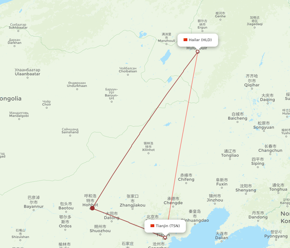 TSN to HLD flights and routes map